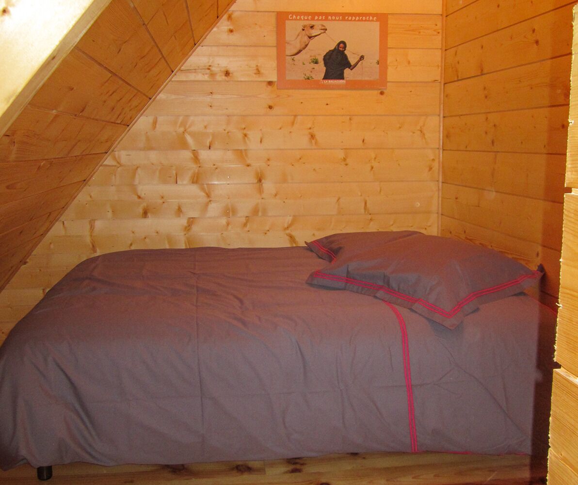 A single bed in a wooden cabin room with a poster on the wall.