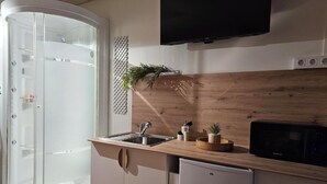A modern kitchen with a built-in dishwasher, a sink, and a microwave. There is a wooden countertop and a small refrigerator. A television is mounted on the wall above the countertop. - Real 43 Casa Neda (neda)