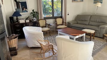 Télévision, cheminée, lecteur de DVD, livres