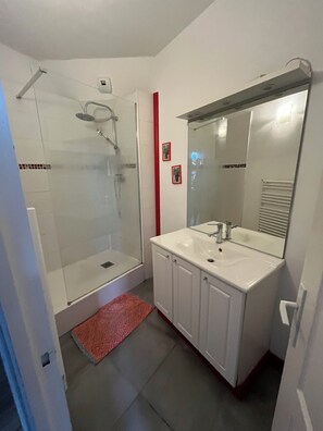 Shower, hair dryer, toilet paper