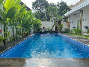 A rectangular swimming pool with a tiled edge, surrounded by lush green plants and a white building with columns. - Alit Guest House (Jimbaran)