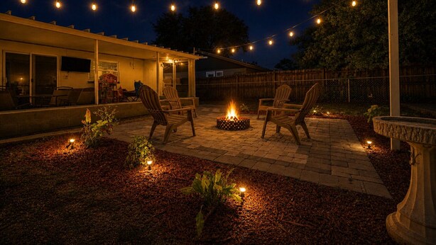 Une terrasse extérieure avec un foyer, des guirlandes lumineuses et deux fauteuils Adirondack.