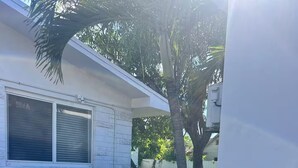 A white building with a brick wall, a window with blinds, and a palm tree in the background. - Stylish Stay Minutes from Wynwood & Midtown (Miami)