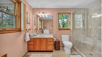 Shower, towels, soap, toilet paper