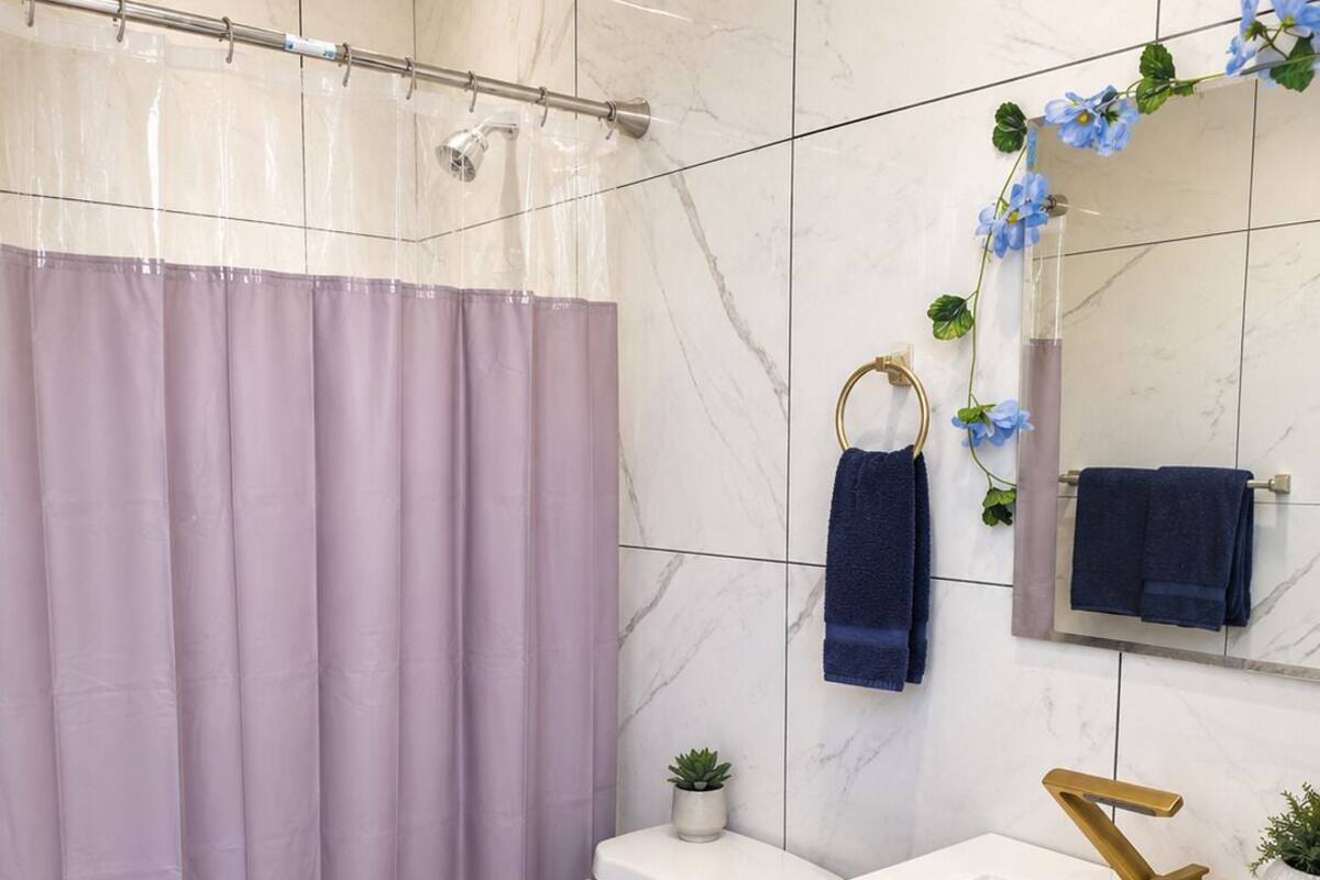 Bañera y ducha independientes, jabón, shampoo, papel higiénico