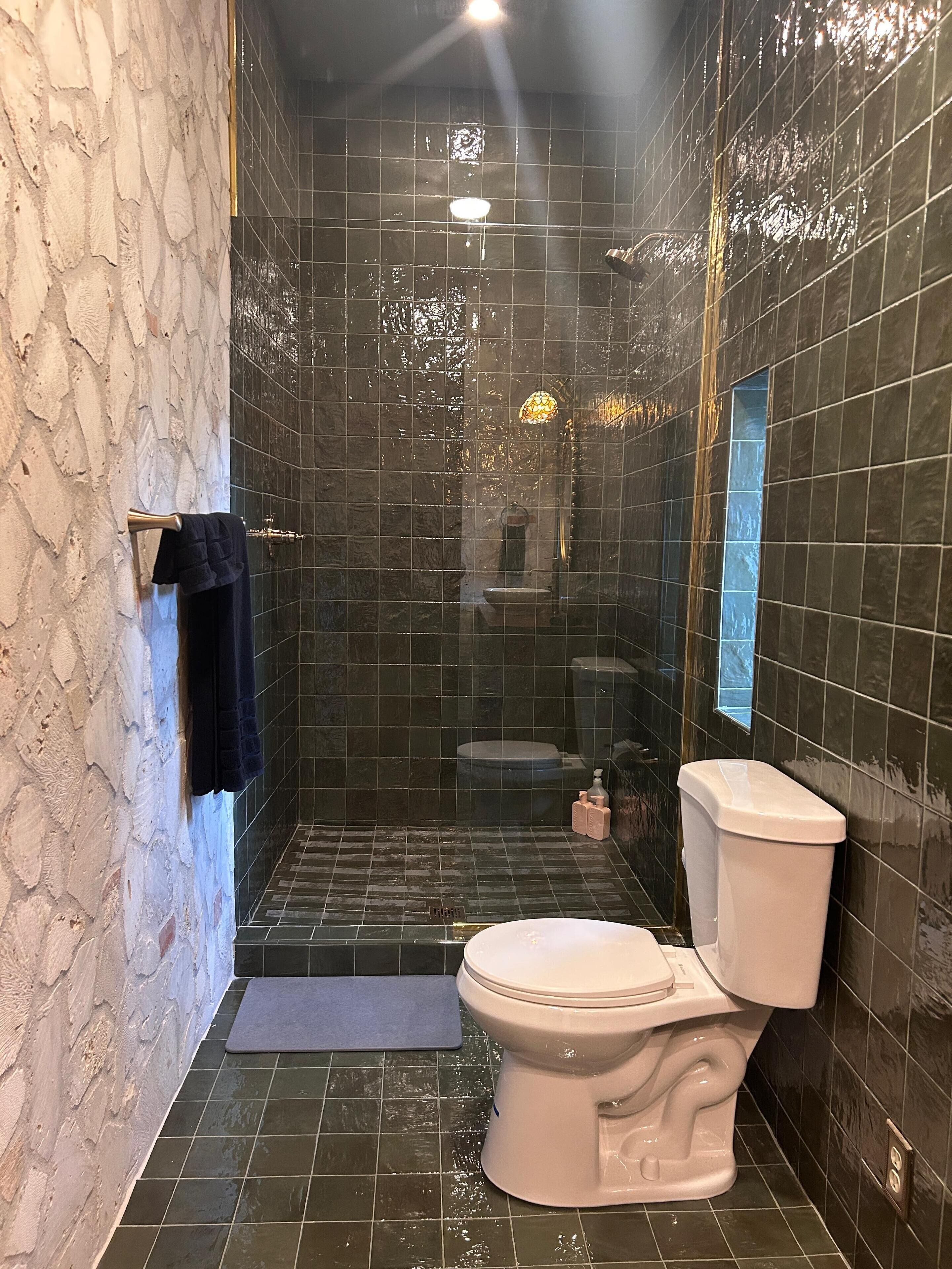 Shower, hair dryer, towels, soap