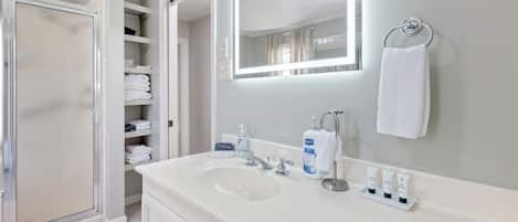 Shower, hair dryer, bidet, towels
