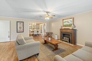 Smart-TV, Kamin, Videospiele, Bücher