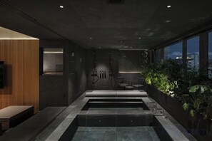 Un spa moderno con una piscina amplia, zona de estar y plantas.