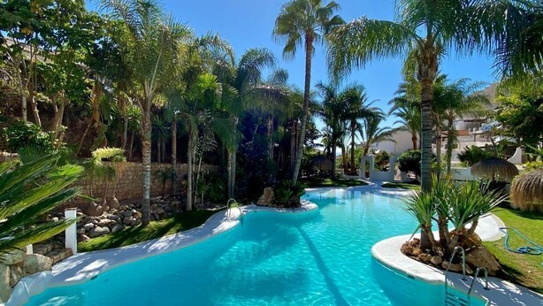 A clear blue pool surrounded by palm trees and a stone wall. - "Rincon de Marinos", a spacious house in a quiet estate, 5 mins. from the beach (Almuñécar)