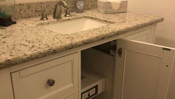 Hair dryer, towels, soap, shampoo