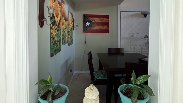 Uma área de refeições com mesa, cadeiras, uma bandeira pendurada na parede e dois vasos de plantas.