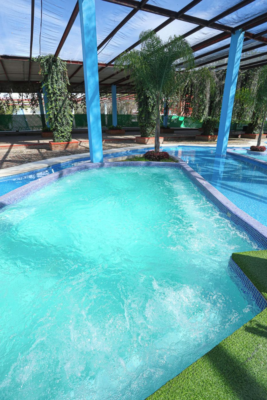 Una piscina con agua cristalina azul, rodeada por una zona techada con pilares azules y plantas en macetas.