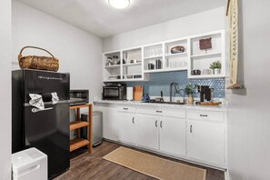 Fridge, microwave, toaster, cookware/dishes/utensils