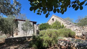 A stone building with a sloped roof, surrounded by olive trees and shrubs. - Romantic Stone House and Yard Near Stunning Beach (Trogir)