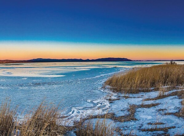 A frozen lake with clear water and surrounding grassland.