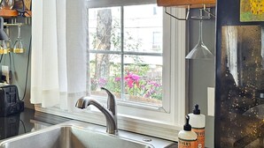 A kitchen with a stainless steel sink, a window with a view of flowers, and a refrigerator with a painting.