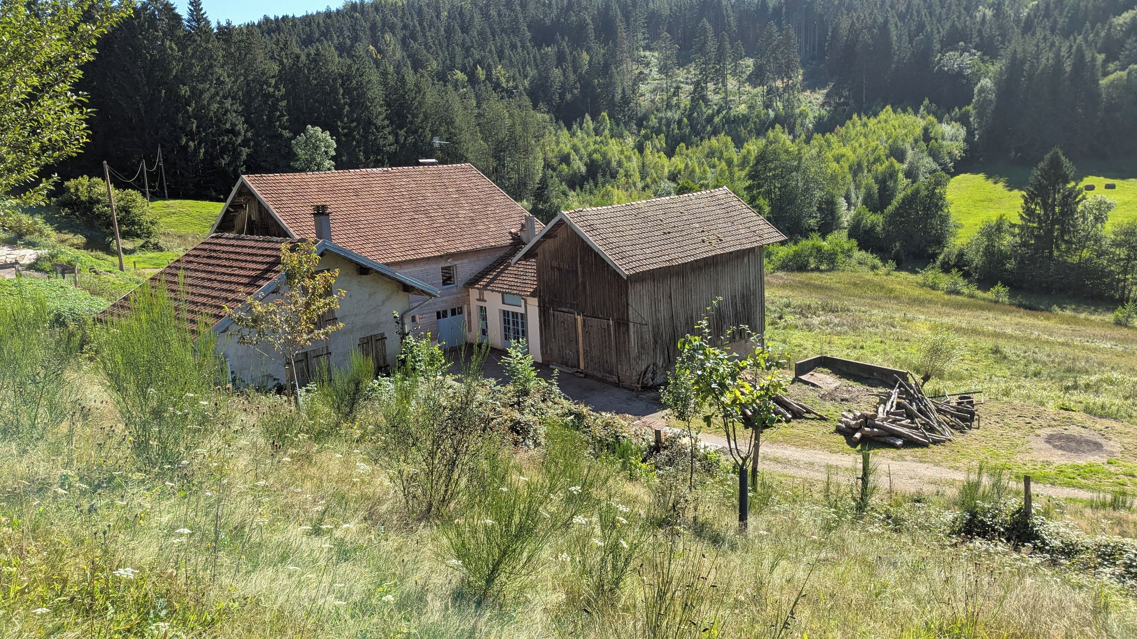 A rustic two-story house with a red-tiled roof, surrounded by a lush green landscape and a dense forest in the background.