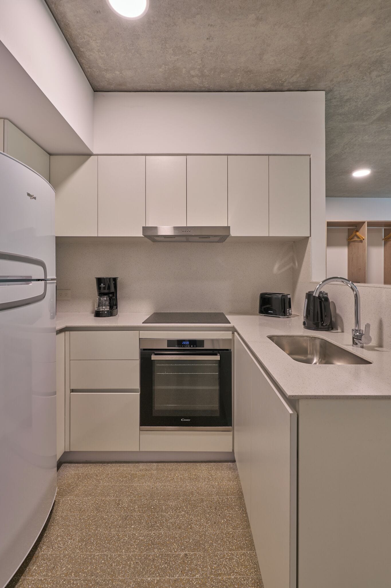 Fridge, microwave, stovetop, espresso maker