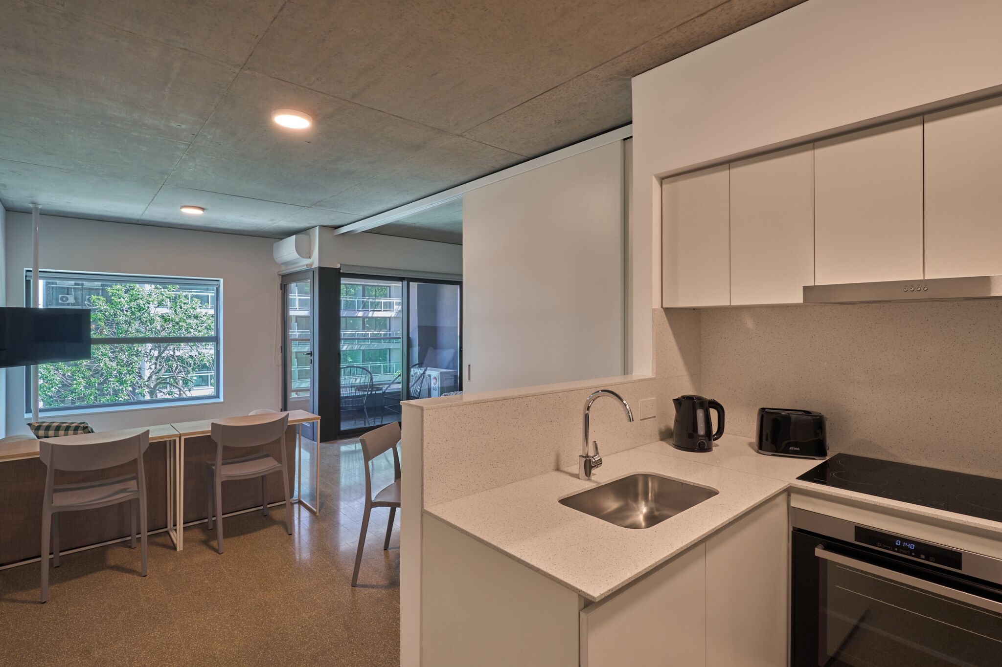 Fridge, microwave, stovetop, espresso maker