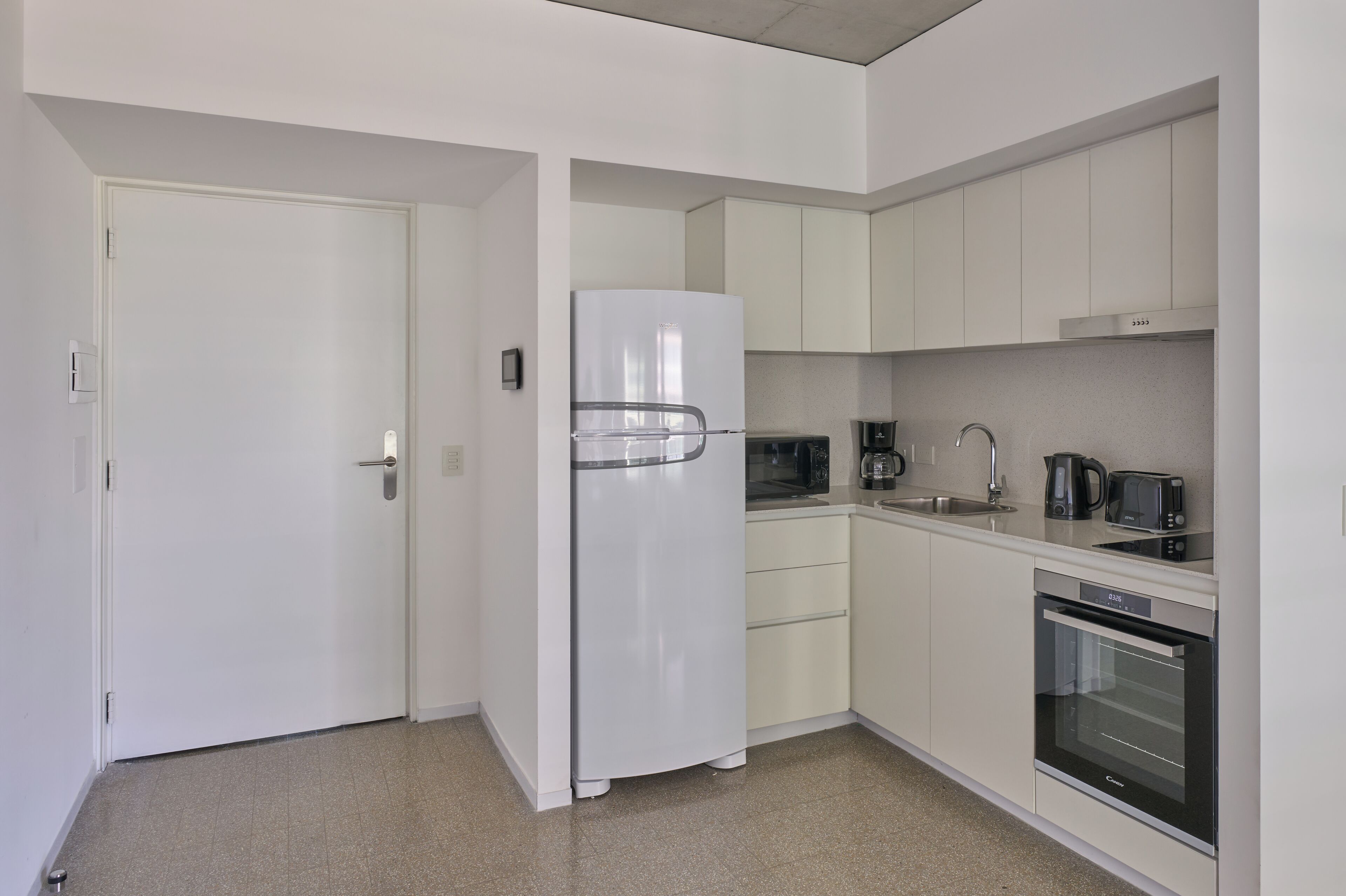 Fridge, microwave, stovetop, espresso maker