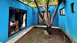 A courtyard with a tree, a blue wall, and a window. - Mexican style house in the heart of the magical town of San Andres Cholula. (San Andrés Cholula)