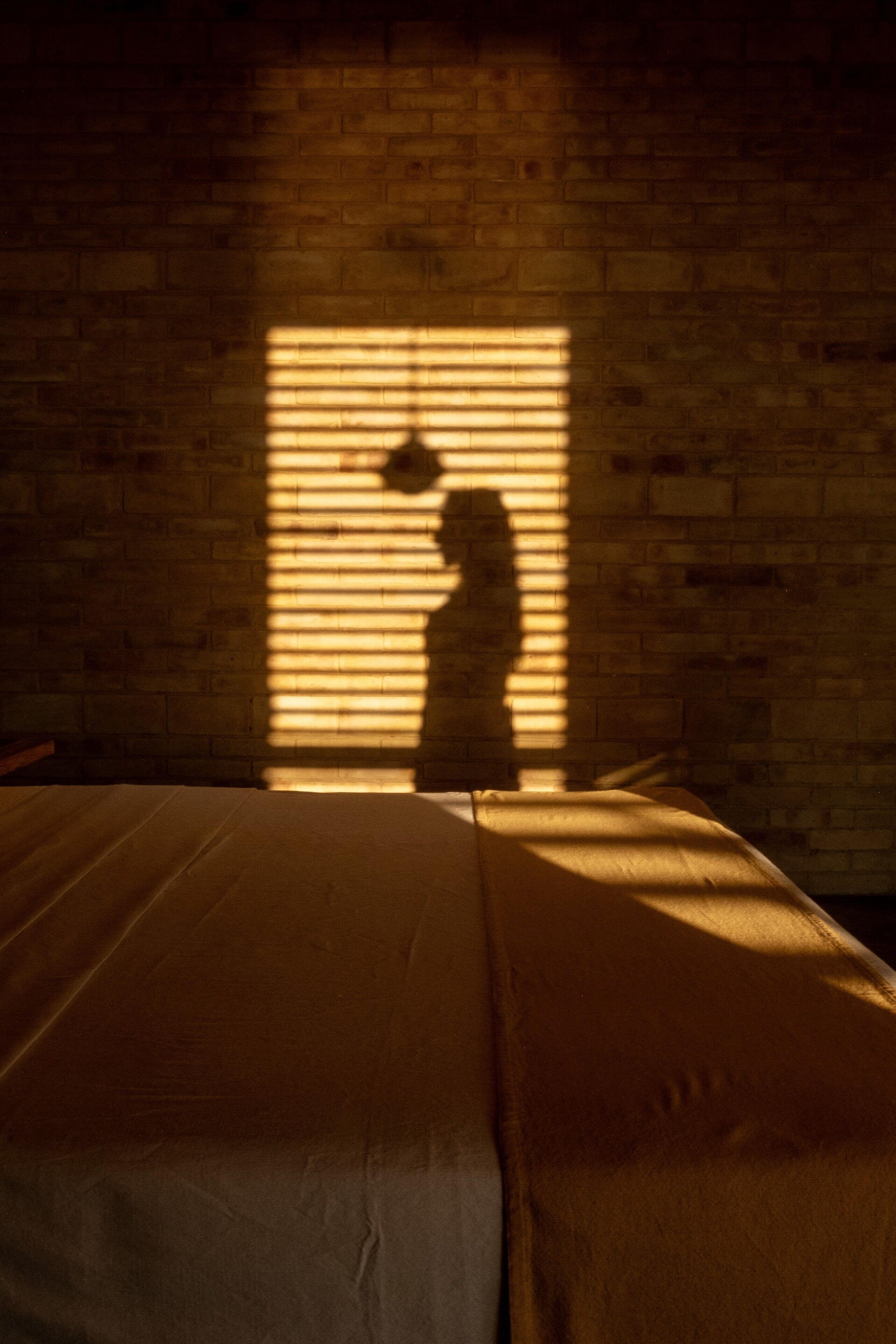 A room with a brick wall and a window casting a shadow.
