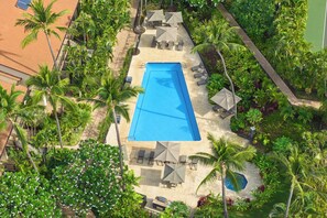 A rectangular swimming pool surrounded by palm trees and outdoor seating.