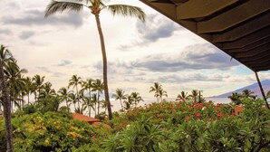 Un jardin tropical avec des palmiers et des plantes à fleurs, un bâtiment à toit rouge et une vue sur l’océan et les montagnes.