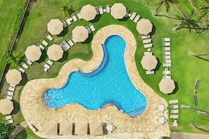 An aerial view of a swimming pool surrounded by lounge chairs and umbrellas, with a landscaped garden and palm trees.