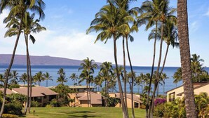 Ein Resort mit Golfplatz, Palmen und Meerblick.