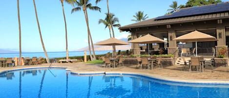 A pool area with lounge chairs and umbrellas, surrounded by palm trees and a view of the ocean.