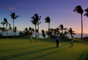 A golf course with palm trees and a view of the ocean.