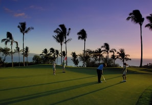 A golf course with palm trees and a view of the ocean.