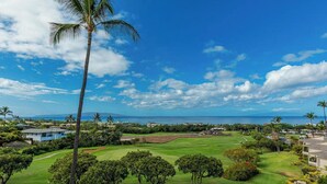 A golf course with a clear view of the ocean and a palm tree in the foreground.