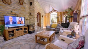 Un salon chaleureux avec des murs en pierre, une cheminée et des sièges confortables.