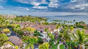 A resort with multiple buildings, palm trees, and a view of the ocean.