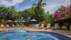 A swimming pool with lounge chairs and umbrellas, surrounded by lush greenery and flowering plants.