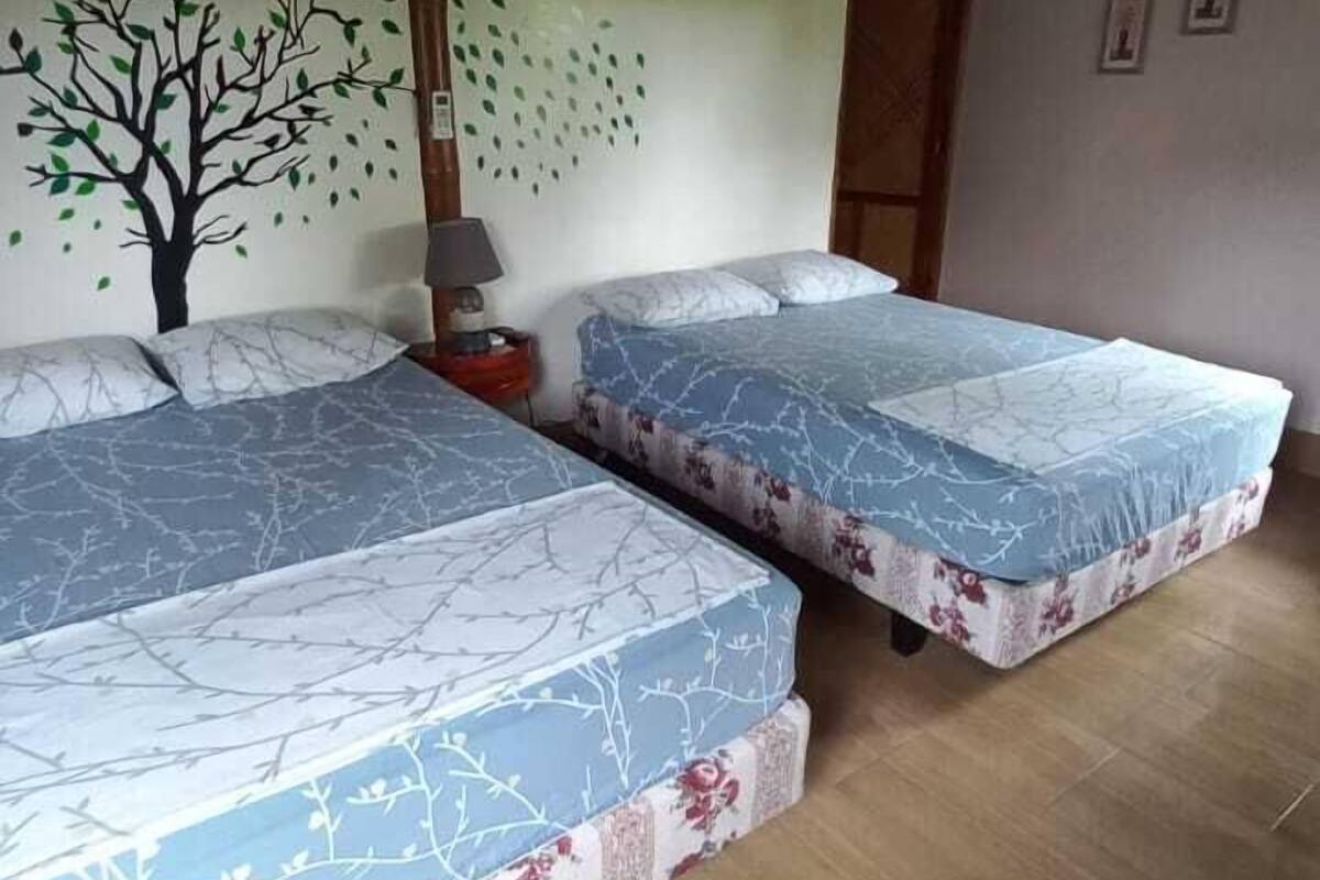 A room with two beds, wooden flooring, a tree mural on the wall, and an air conditioning unit.