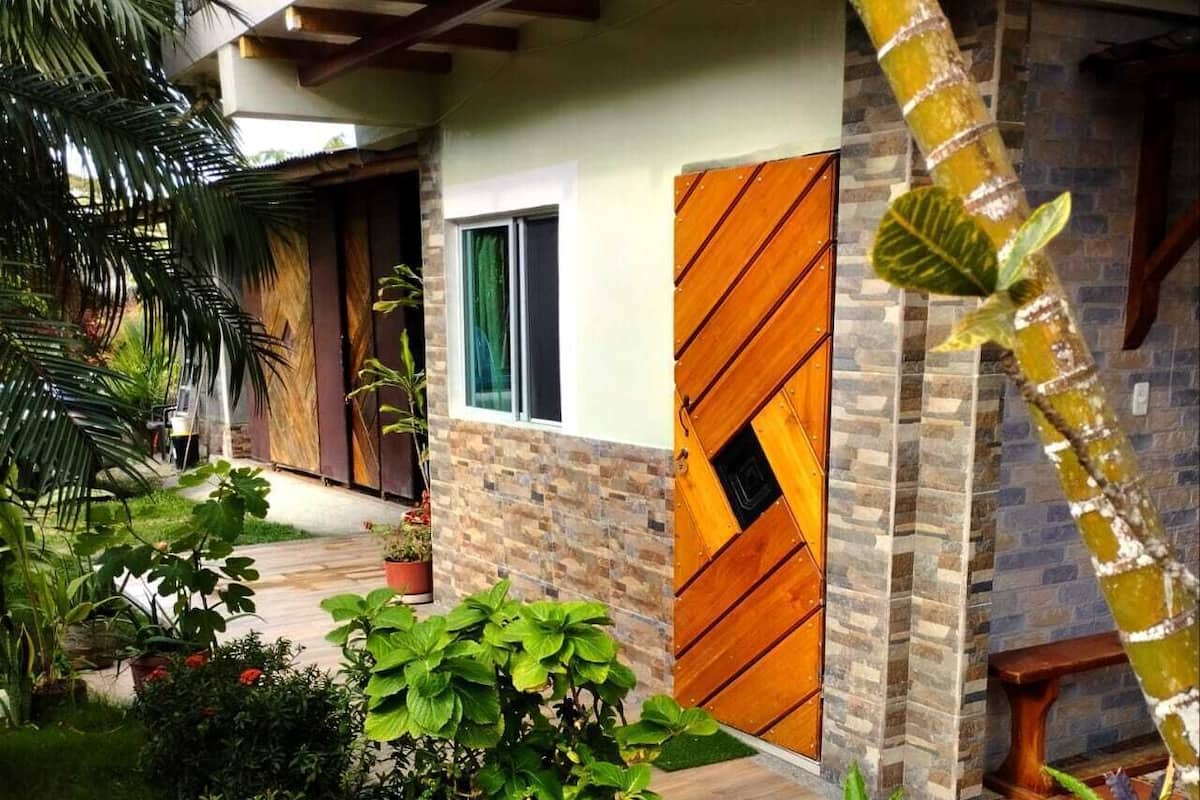 A garden with potted plants and a wooden door.