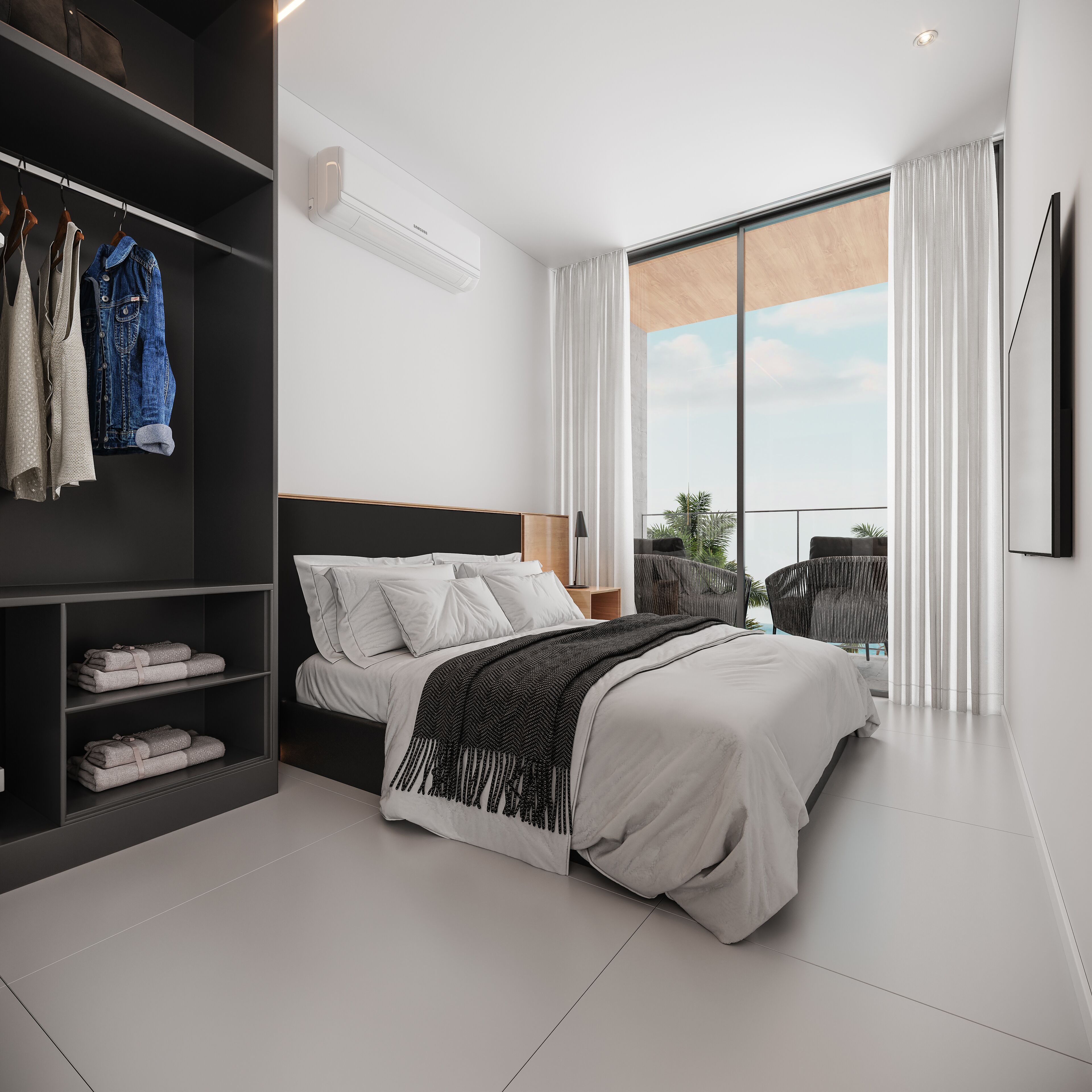 A modern bedroom with a bed, a wardrobe, a large window, and a balcony.