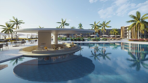 A poolside area with lounge chairs and umbrellas, a bar area with a drink dispenser, and palm trees in the background. - Porto 2 Life - GAV Hotéis e Resorts (Ipojuca)