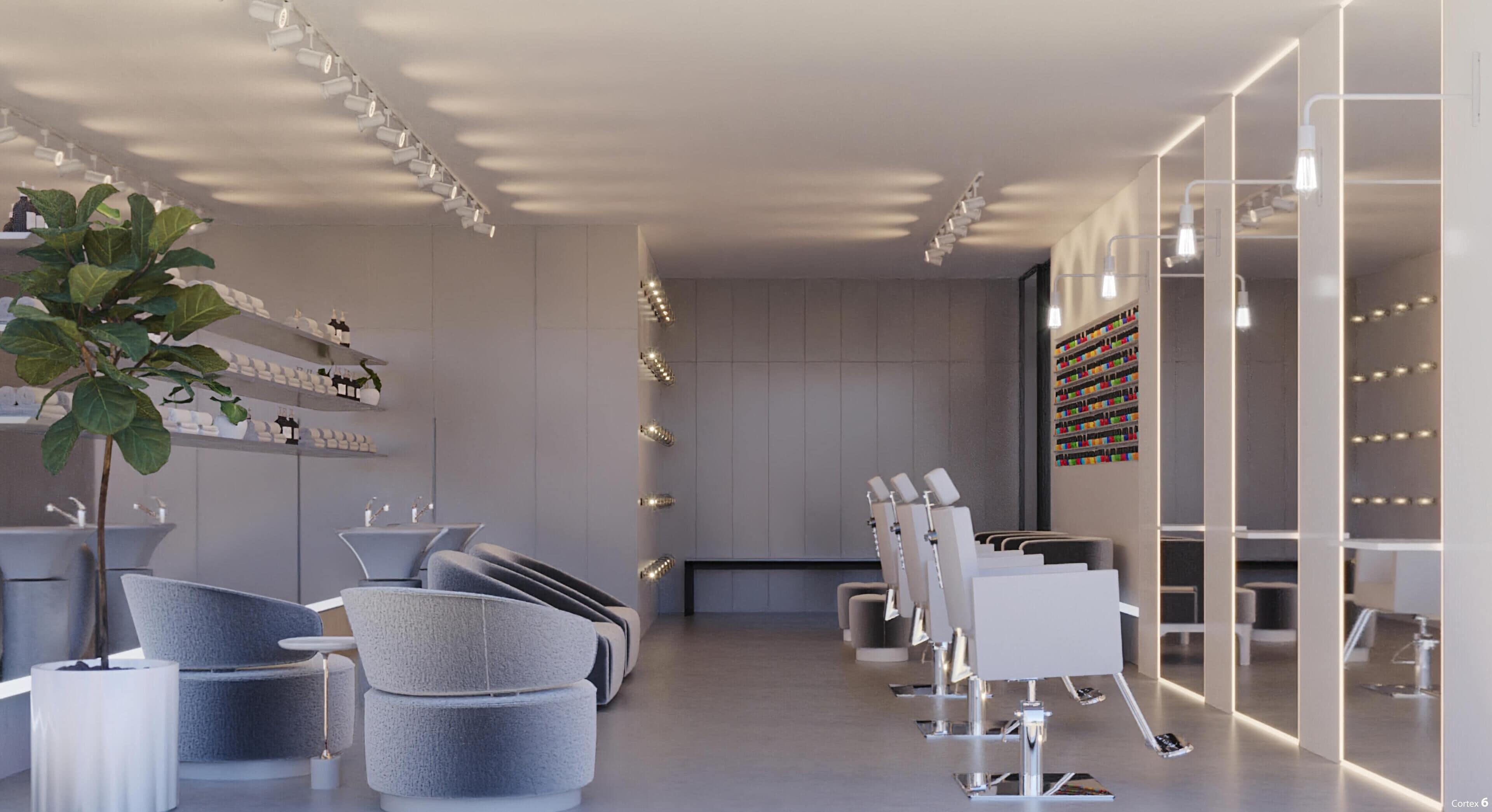 Un hall d’hôtel moderne et minimaliste, doté d’espaces de détente, d’un comptoir d’accueil et d’un mur où sont présentés les différents services proposés.