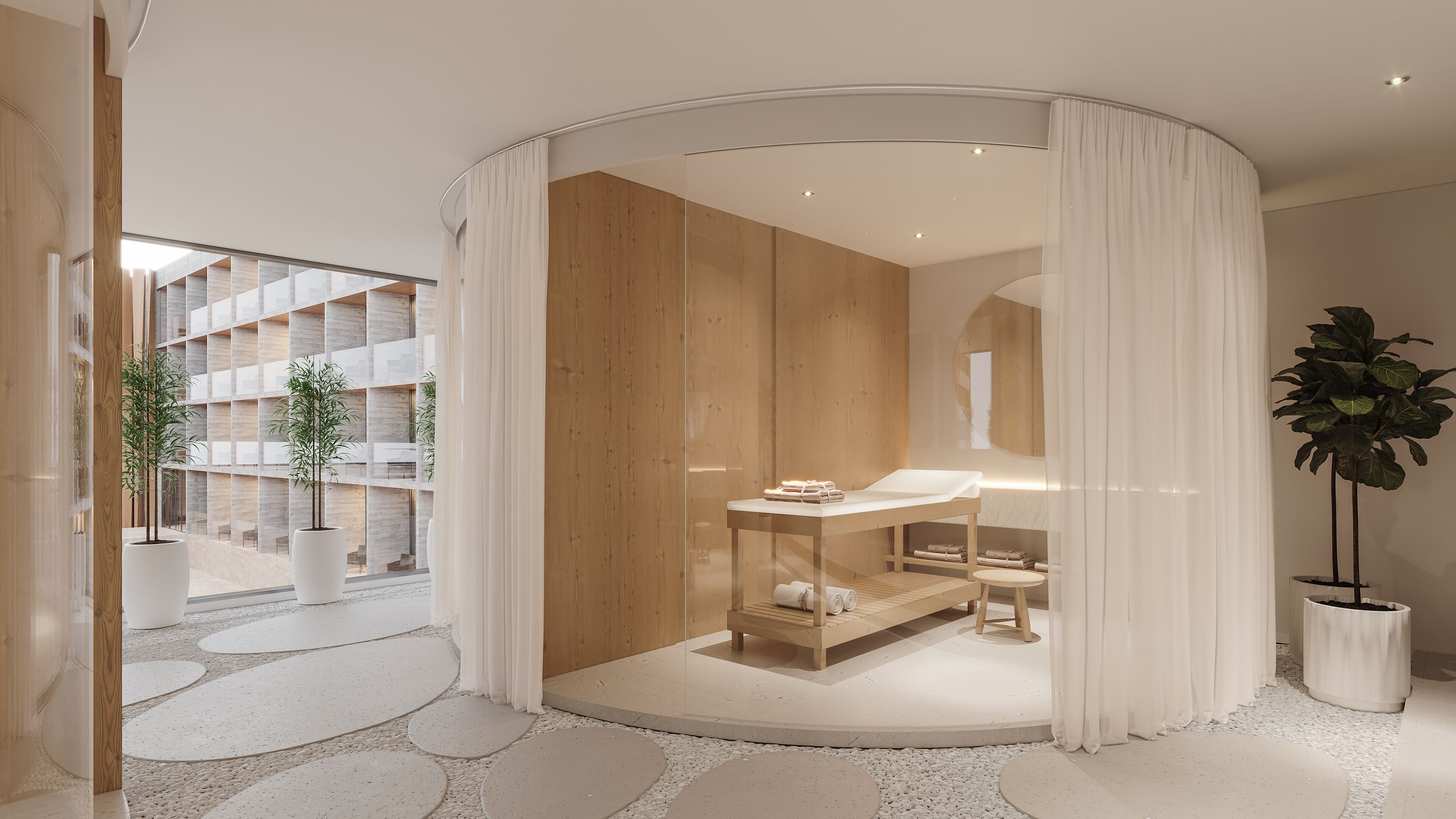 A modern spa room with a wooden wall, a massage table, and a large potted plant.