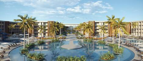 A resort pool area with palm trees, lounge chairs, and a central water feature.