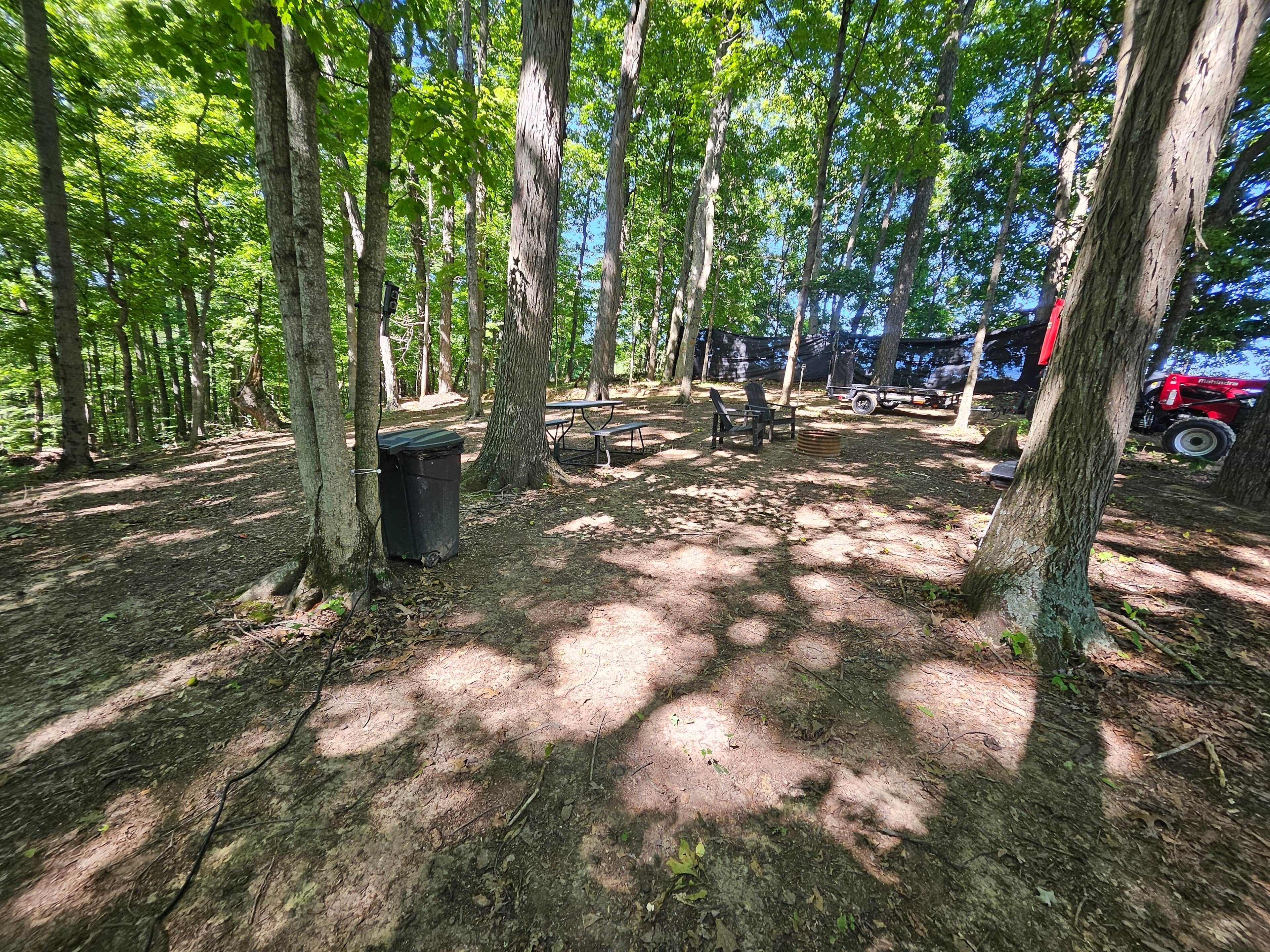Un terrain de camping boisé, équipé de tables de pique-nique et d’une poubelle.