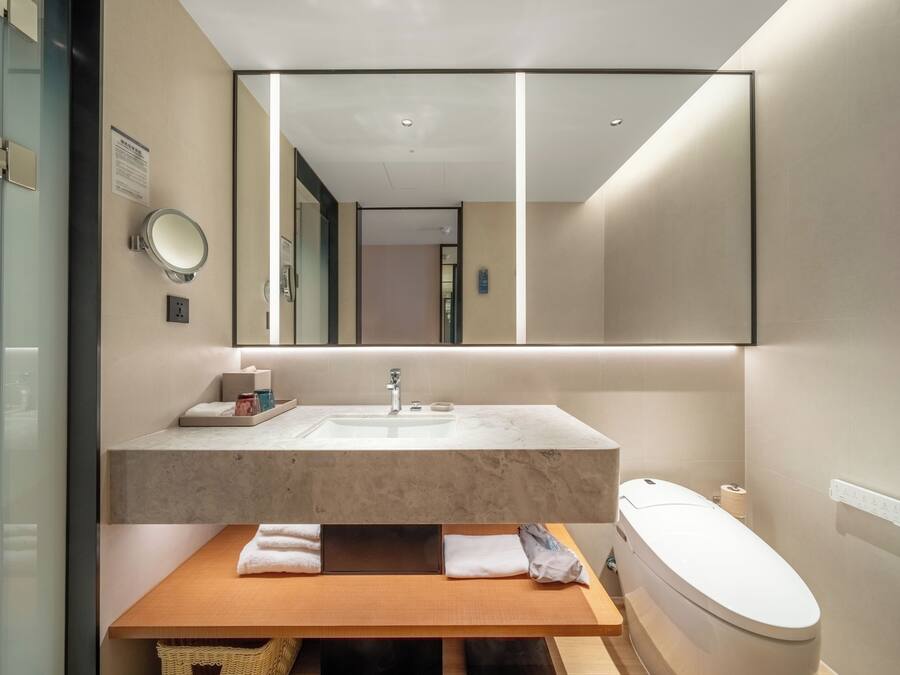 Un baño moderno con lavamanos de mármol, un espejo grande y un inodoro.