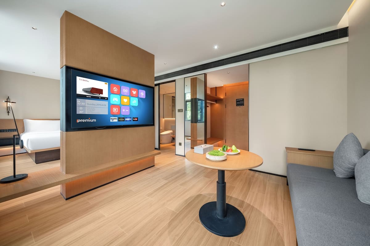 Suite, 1 cama de matrimonio grande, vistas a la ciudad | Tabla de planchar con plancha y wifi gratis