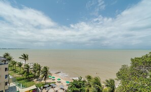 Vista de una playa con palmeras, sombrillas y un edificio de fachada verde.