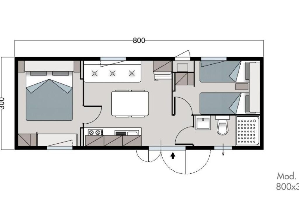 A floor plan of a hotel room measuring 800x300, including a bed, a desk, a chair, a small bathroom, and a window.